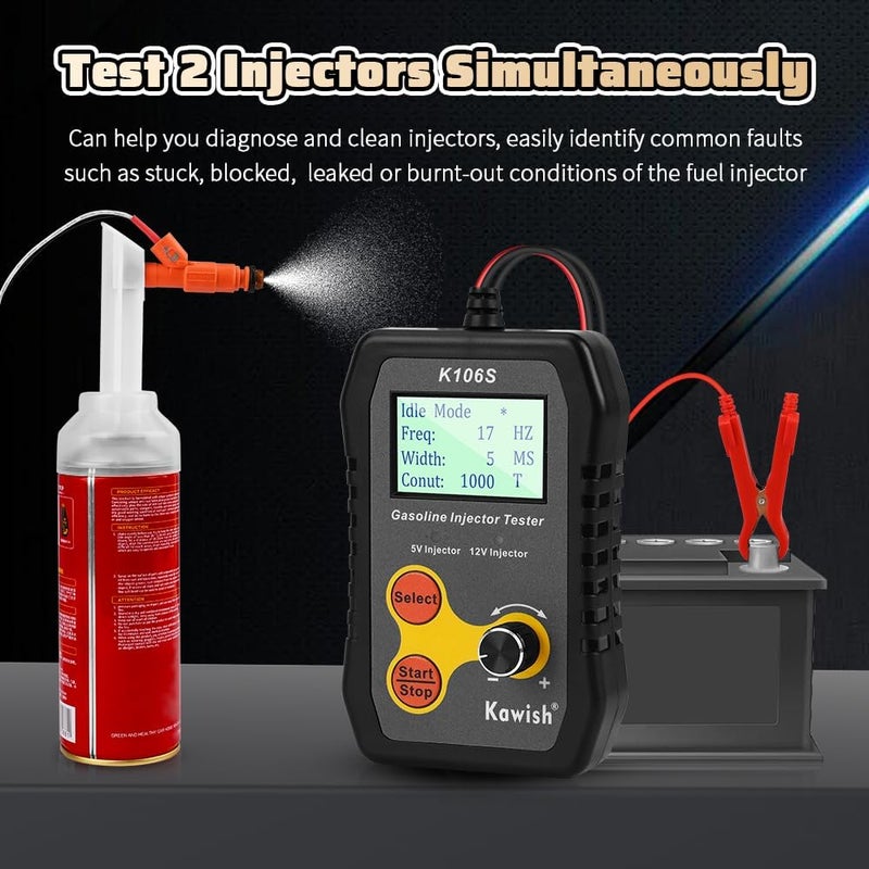 Kawish Universal Fuel Injector Tester and Cleaner Tool, DIY Cleaning Tool Kit for PWM, Adjustable Pulse Width Freq & Count, Two Injectors Test Simultaneously with 5 Modes, 6 Size Cleaning Adapters - Image 3